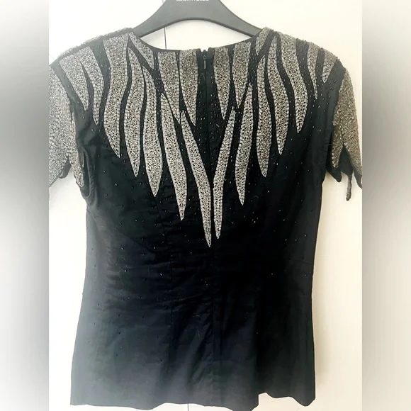 Vintage French Connection rare glam heavily beaded silver black top women’s sz 4 - Picture 3 of 8